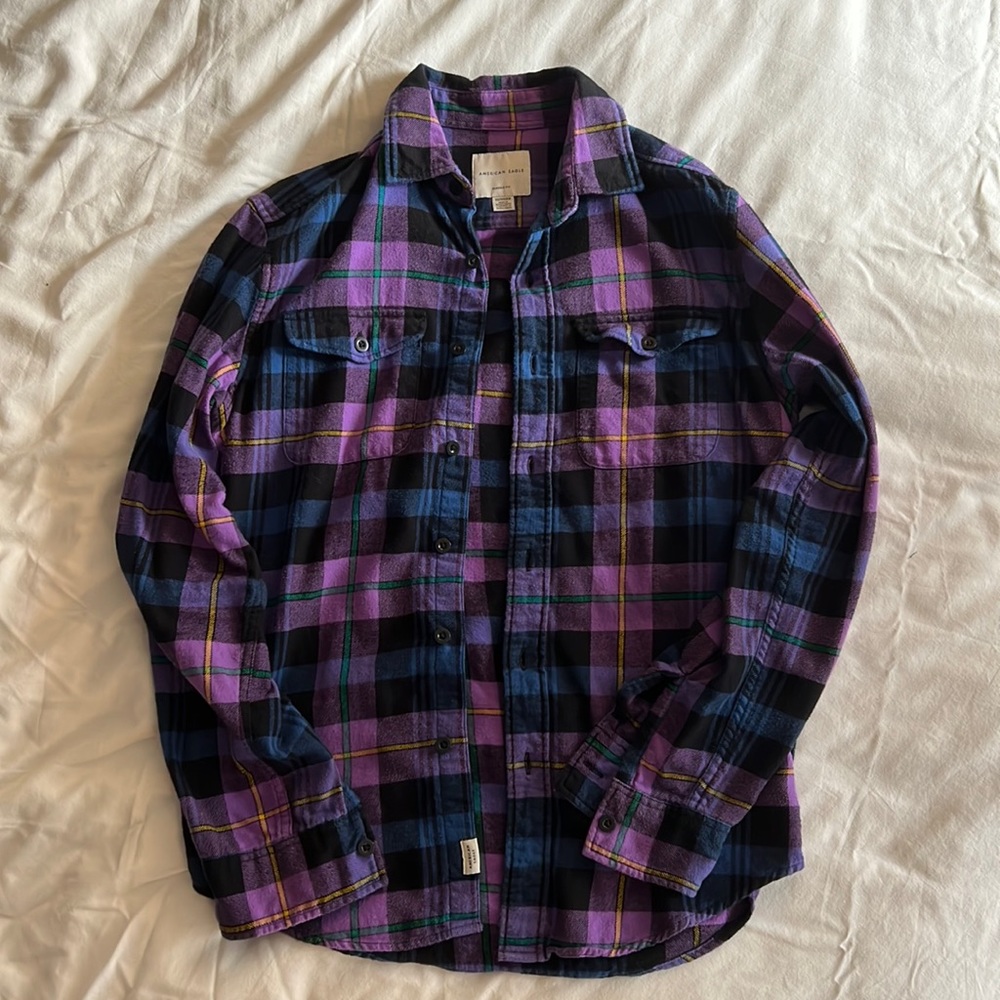 XS American Eagle purple/blue/black plaid flannel shirt